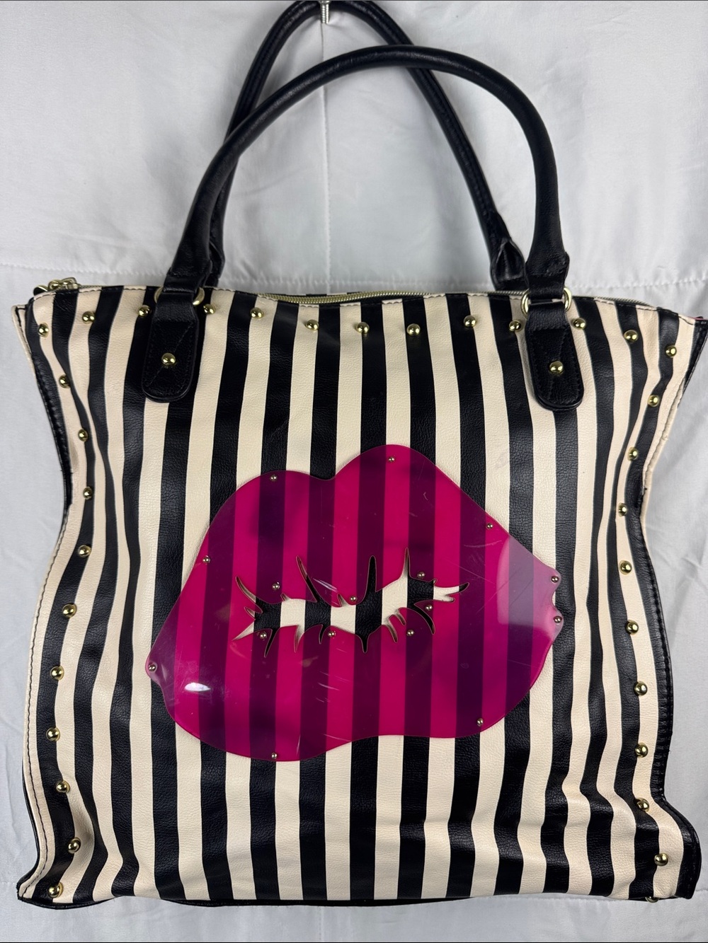 Betsey Johnson Lips Tote Black White Stripe Studded Bag